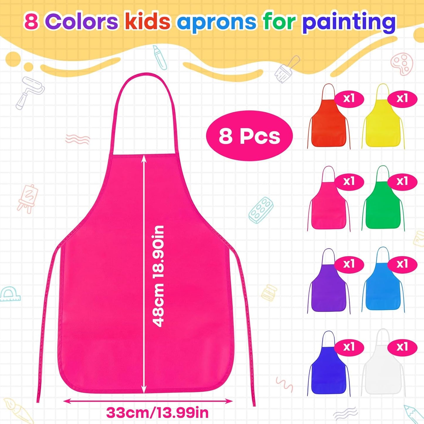 PLULON 8 Pcs Kids Apron Painting Aprons, Kids Aprons for Painting Art Apron Smocks Bulk for Art Activity Craft Home Kitchen Classroom Party Supplies