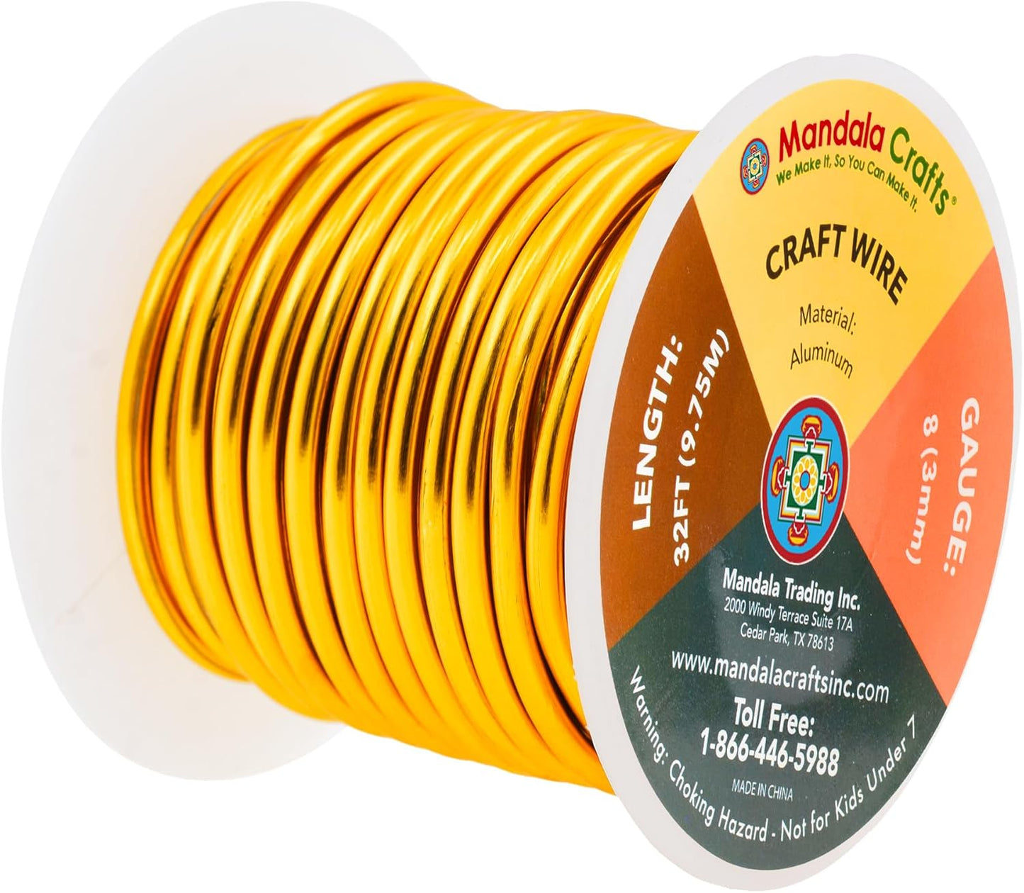 Mandala Crafts 8 Gauge Anodized Aluminum Craft Wire for Jewelry Making - 32 FT Colored Flexible Gold Wire - Bendable for Bonsai Armature Crafting Sculpting