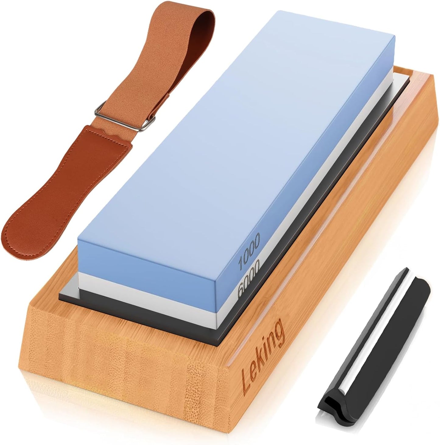 Leking Professional Knife Sharpener & Sharpening Stone Set: 1000/6000 Grit Dual-Sided Whetstone(7"x2.4"x1.2") with Bamboo Base, Non-Slip Silicone Holder, Angle Guide & Leather Strop Kit