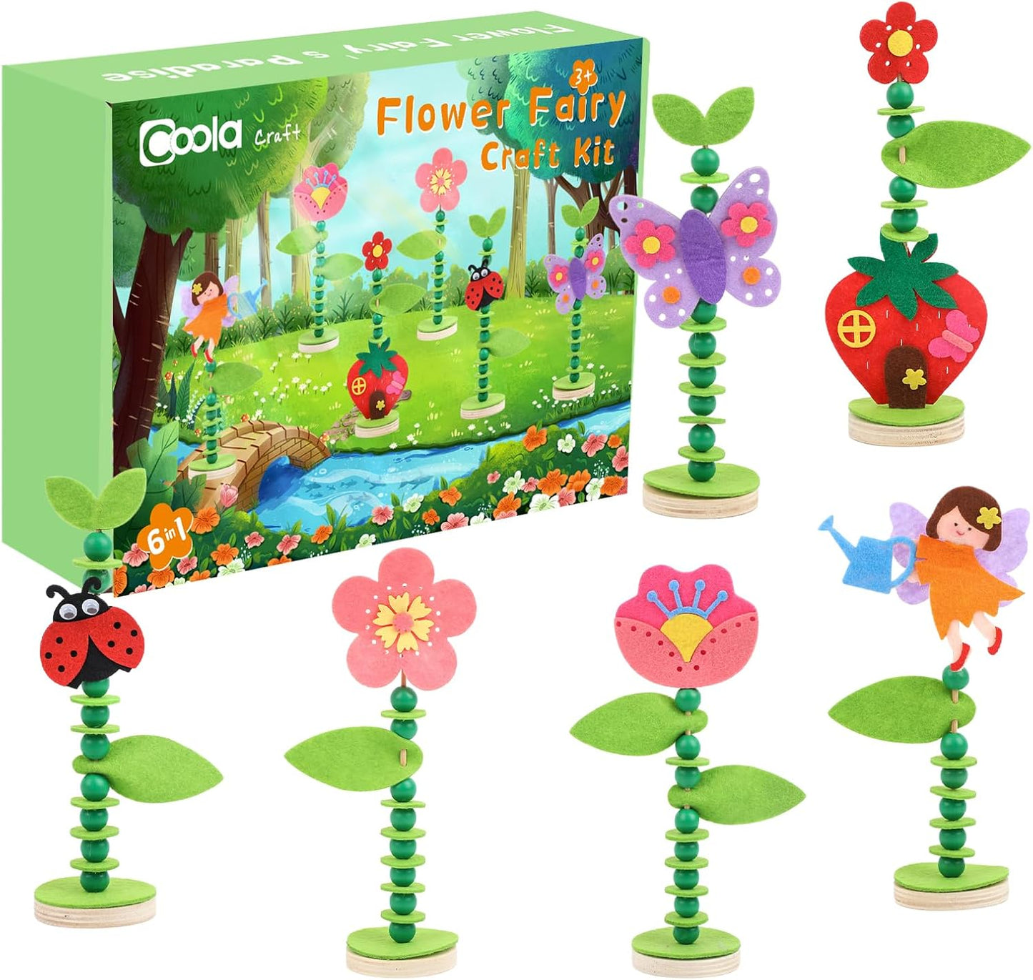 Coola Craft Kit Set for Preschool Kids, Educational Felt & Wood Flower Fairy Kit for Ages 3 4 5 6 7 8, Easy DIY Activity for Boys & Girls, Pack of 6