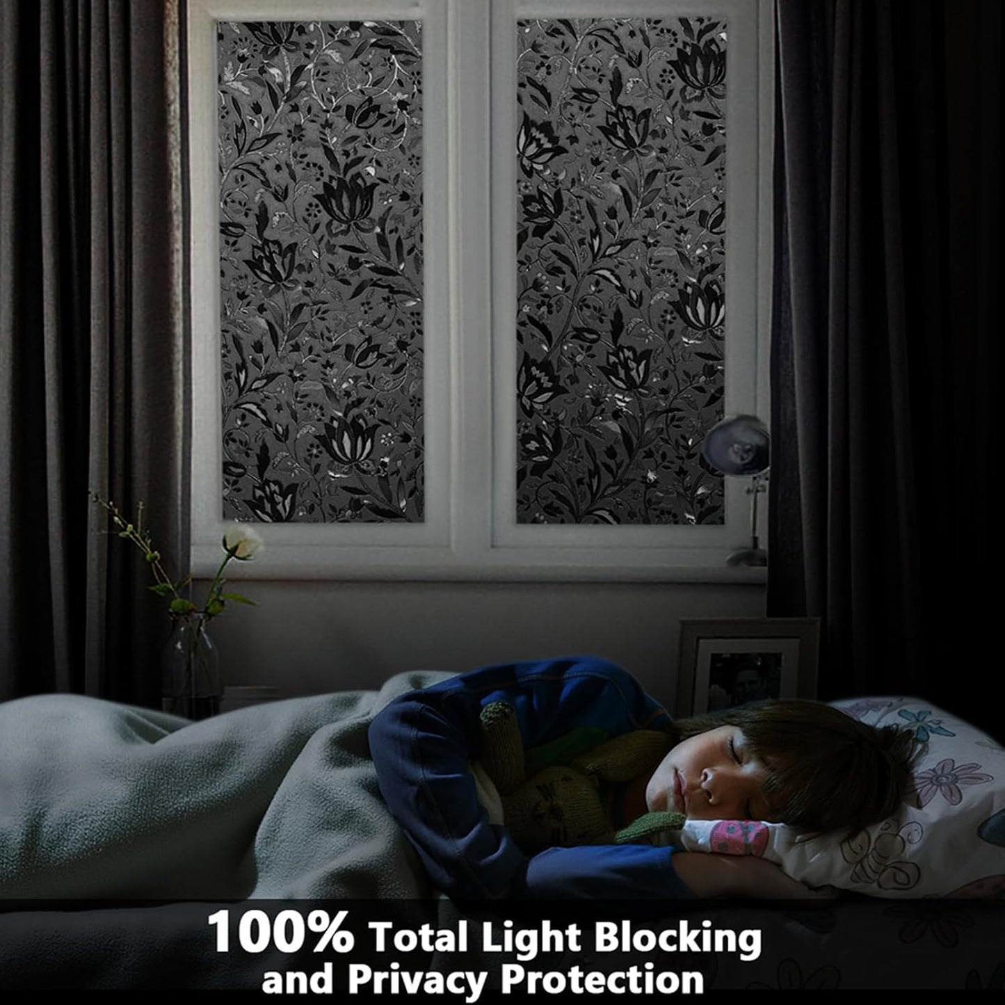 LEMON CLOUD Total Blackout Window Film Privacy Static Cling Frosted Black Window Covering 100% Opaque Film Tint Darkening Removable Film for High Privacy，(Blackout Tulip Design,17.5 x157.4 inches)