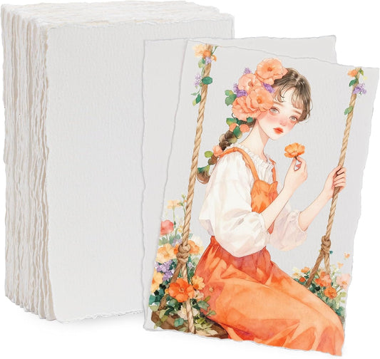 Lunarm Watercolor Paper 50 Sheets, Deckled Edge Paper 300 GSM 4 x 6 inch, Handmade Textured Cotton Paper for Wedding Invitation, Oil Pastel, Watercolor Painting and Cards, Crafts