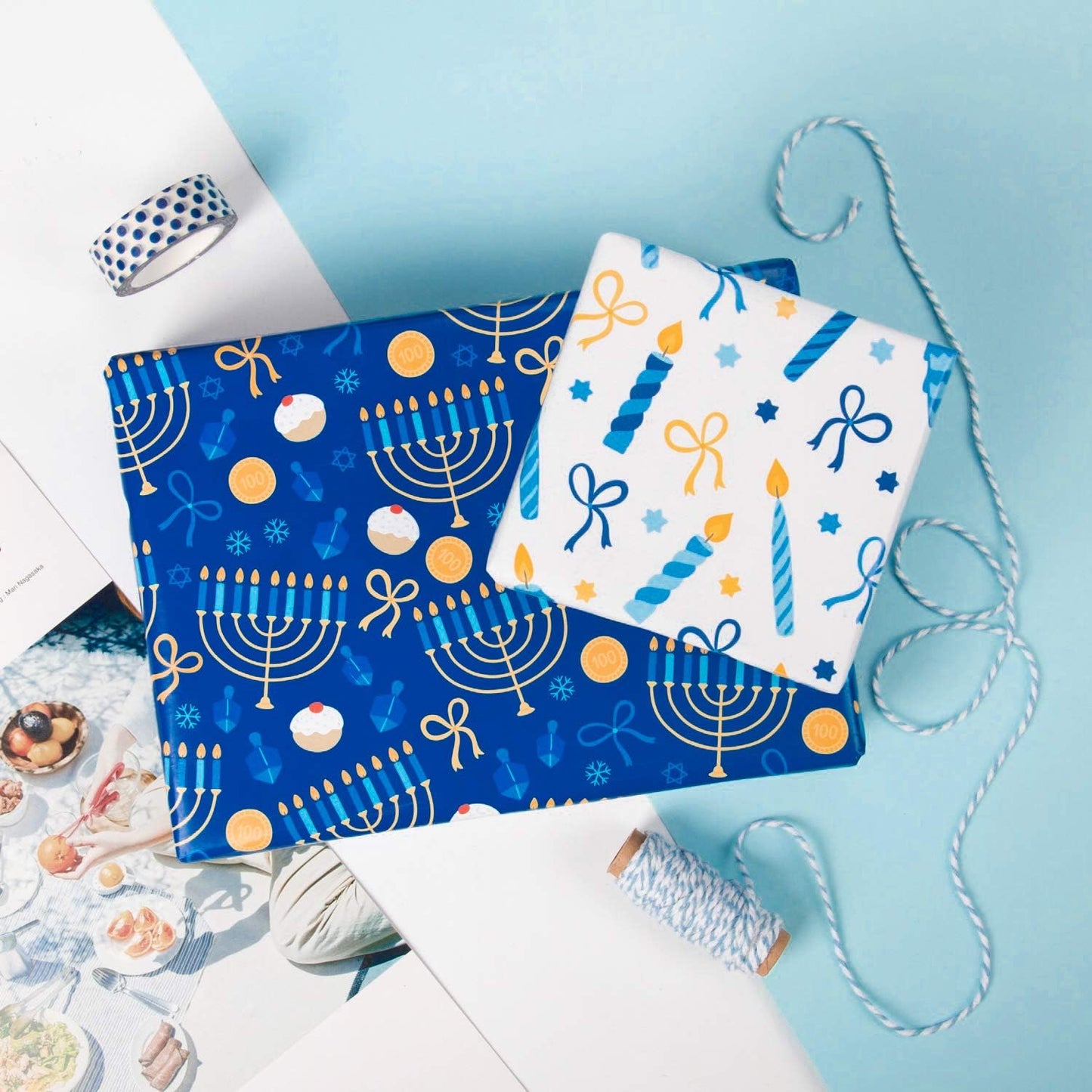 WRAPAHOLIC Hanukkah Wrapping Paper Set - Menorahs, the Star of David, Candles Design Chanukah Wrapping Paper Bundle with Gift Bow & Ribbon & Tag & Sticker