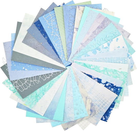 42 Sheets Textured Scrapbook Paper and Mesh Fabric Assorted Set, Junk Journal Supplies Assorted Set, Special Paper for Scrapbooking Materials Card Embellishments 3.9x5.5 Inch (Blue)