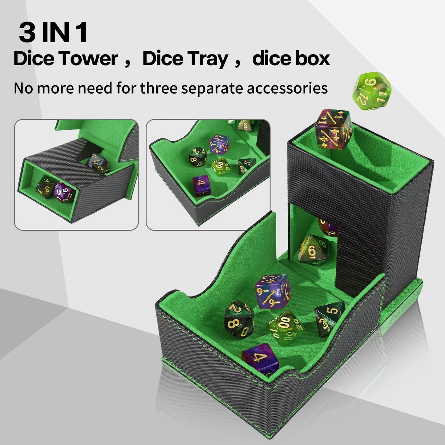 Dice Roller Tower, Premium DND Magnetic Dice Tray, Foldable PU Leather Dice Tower RPG Gifts for Dungeons and Dragons MTG Dm & Player Black/Green