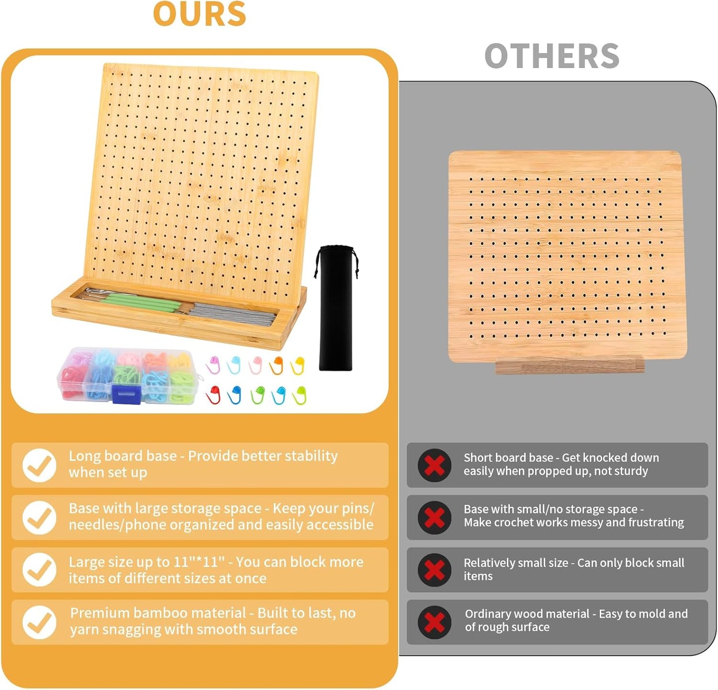 iHansee 11" Crochet Blocking Board with 20 Pegs, 200 Stitch Markers, Bamboo Granny Square Blocking Boards for Crochet Projects, Knitting Crocheting Accessories Kit, Gifts for Crocheters