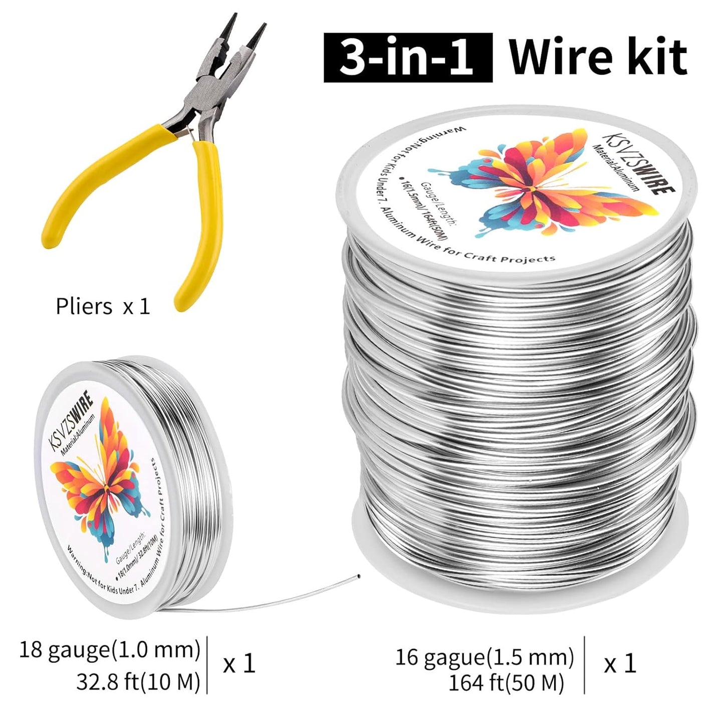 16 Gauge(1.5mm) Aluminum Wire 164 Feet(50M) KSVZS Bendable Metal Wire for Crafts, Sculpting, Armature, Jewelry Making【3-in-1】+18Gauge(1.0mm) 32.8Ft(10M)+1 Pliers(Silver)…