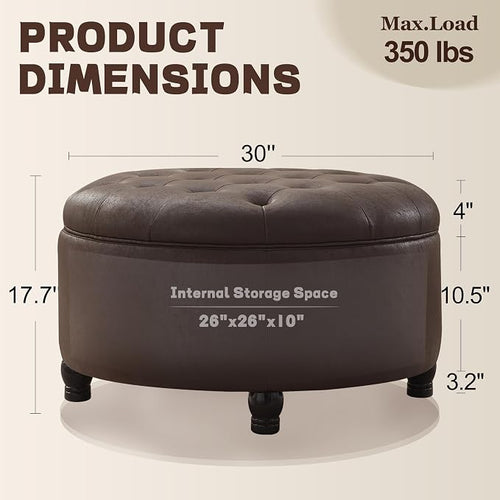 30-Inch Round Storage Ottoman, Button Tufted Ottoman Coffee Table - Image 2