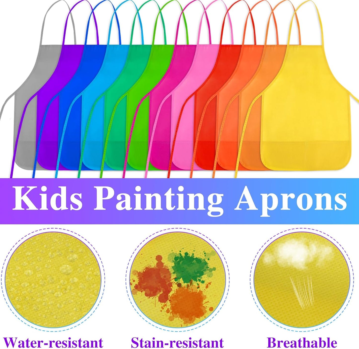 36 Pieces 12 Colors Kids Painting Aprons Kids Art Aprons with 2 Roomy Pockets for Art Painting Activity Kitchen Crafts