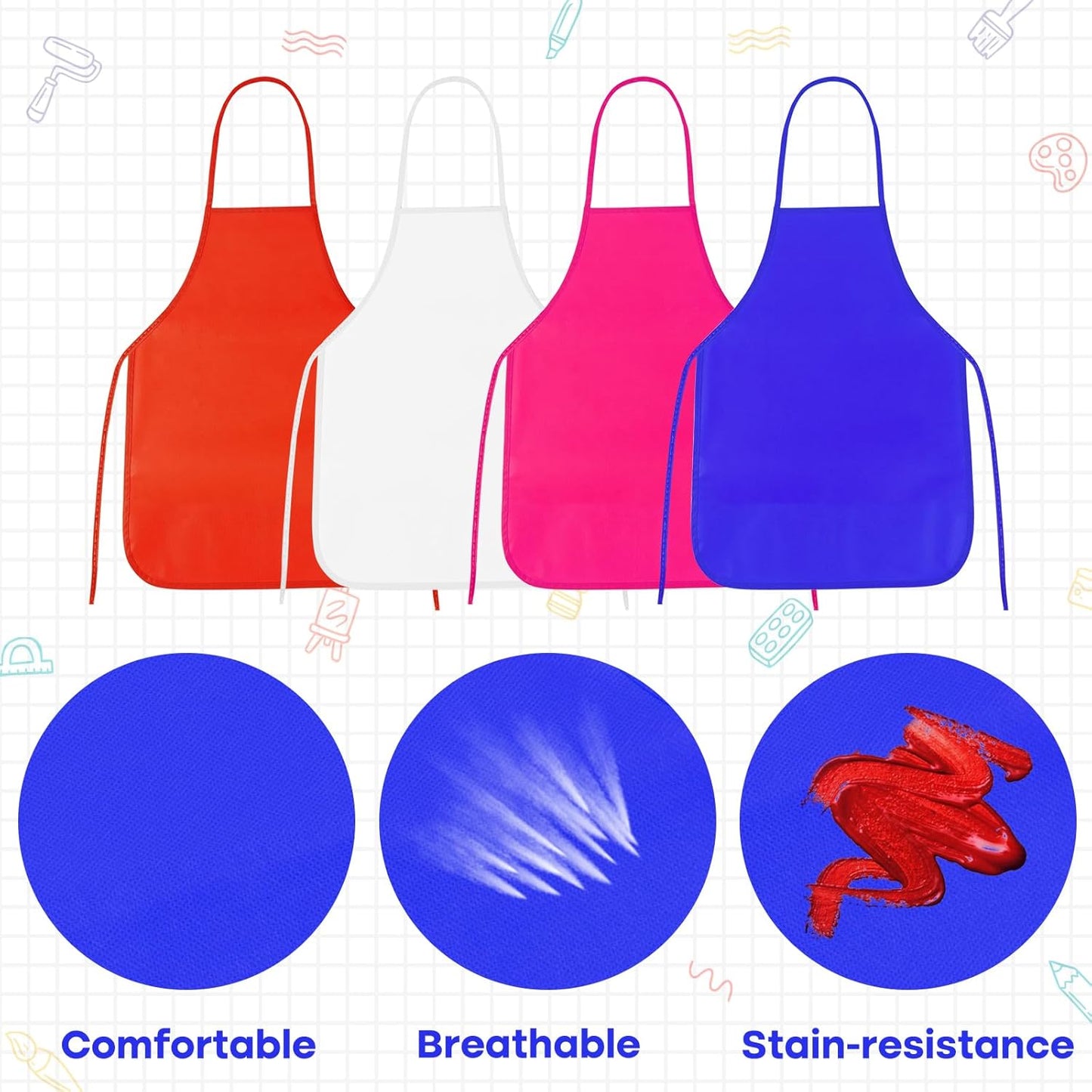 PLULON 4 Pcs Kids Apron Painting Aprons, Kids Aprons for Painting Art Apron Smocks Bulk for Art Activity Craft Home Kitchen Classroom Party Supplies (Red, Blue, Rose Red, White)