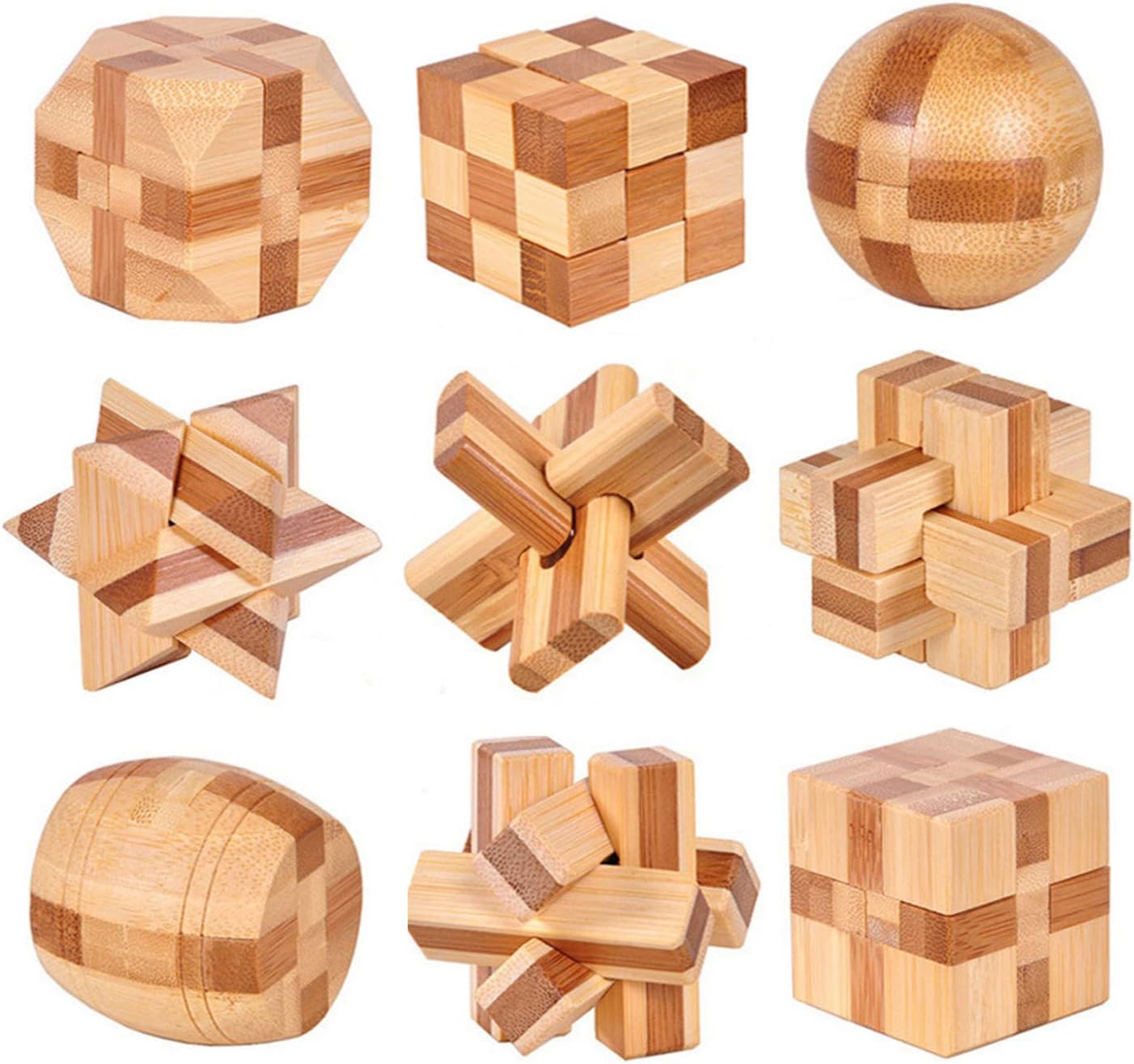 VolksRose 9pcs Wooden Brain Teaser Puzzles, IQ Challenge Puzzle Games, Logic Smart Mind Puzzle Box Lock Toy Removing Assembling 3D Small Puzzle Gift Set for Adults Teenagers Kids, 1.8inch 4.5cm