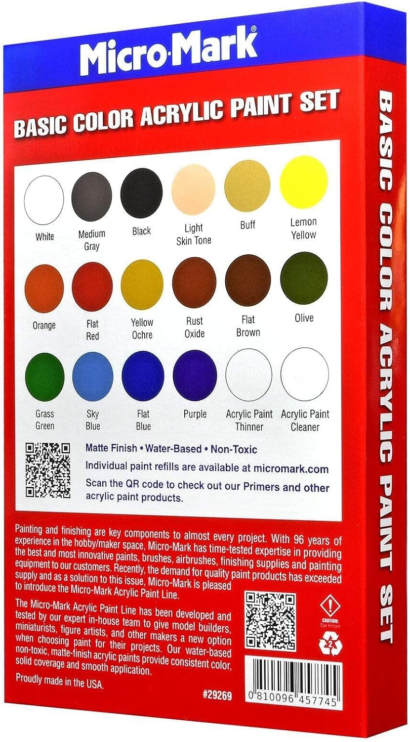 Micro-Mark Basic Color Model Paint Set – Versatile Acrylic Paints for Models, Miniatures, Crafters. Great for Figures, Crafts, Rock Painting, Canvas & More.