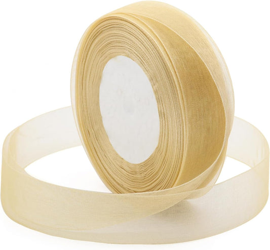 Gold Ribbon for Gift Wrapping, 1 inch 50Yard Sheer Organza Ribbon for Flower Bouquet, Golden Gifts Wrap Chiffon Ribbons for Fathers Day, Crafts, Christmas, Wedding, Birthday Party Decoration