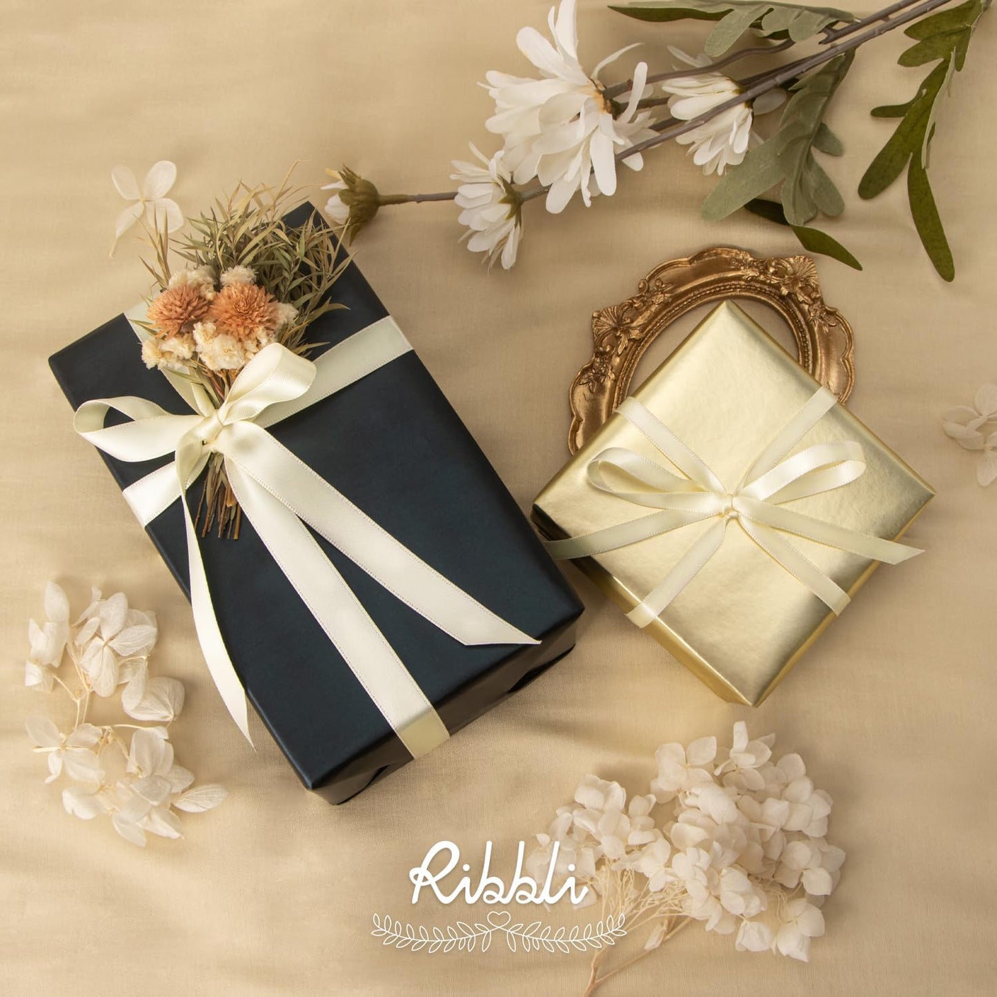 Ribbli Ivory Satin Ribbon,Double Faced Satin 1/4 inch x Continuous 50 Yards,Ivory Ribbon Use for Bows Bouquet,Gift Wrapping,Wedding Decoration,Floral Arrangement