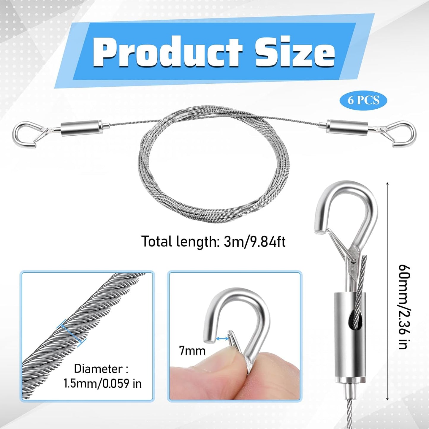 6 Pcs Picture Hanging Wire Heavy Duty Adjustable Art Hanging Wire 9.8FT x1.5mm Stainless Steel Frame Wires Rope for Mirrors Frames Artwork Basket Flowerpot Light Lamp Billboard (Hold up to 30kg/66lb)