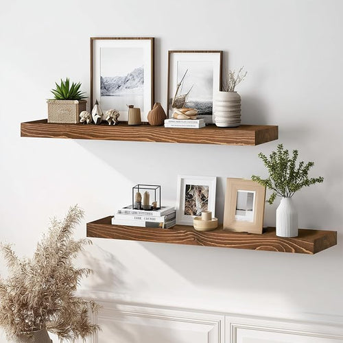 36x8x1.6 inch Floating Shelves Set of 2 – Solid Wood Rustic Brown Wall Mounted - Image 2