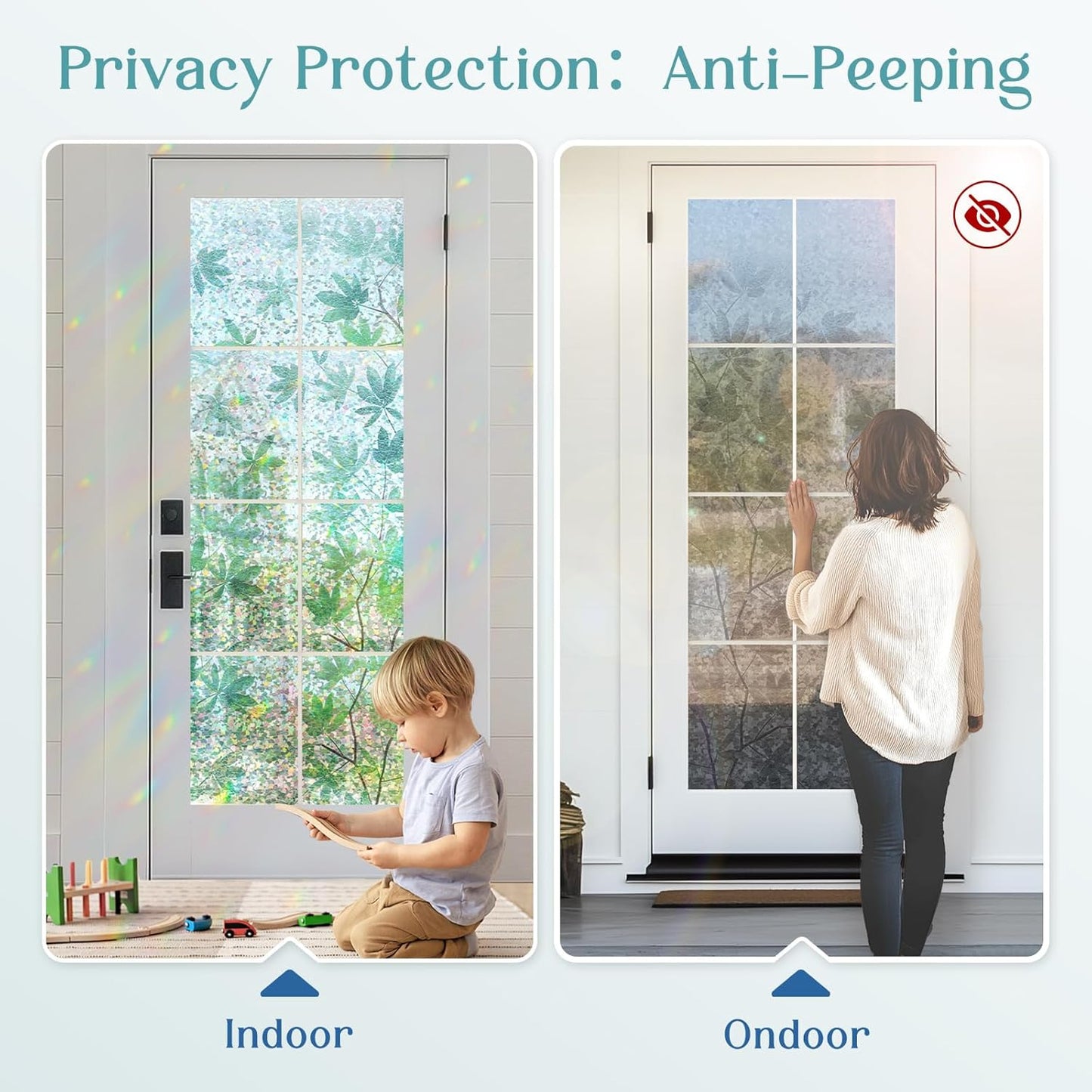 Haton Window Privacy Film, Decorative Stained Glass Window Clings, 3D UV Sun Blocking Sticker, Removable Static Cling Heat Control Tint for Home Door, Leaf Rainbow, 17.5" x 157.4" Non-Adhesive