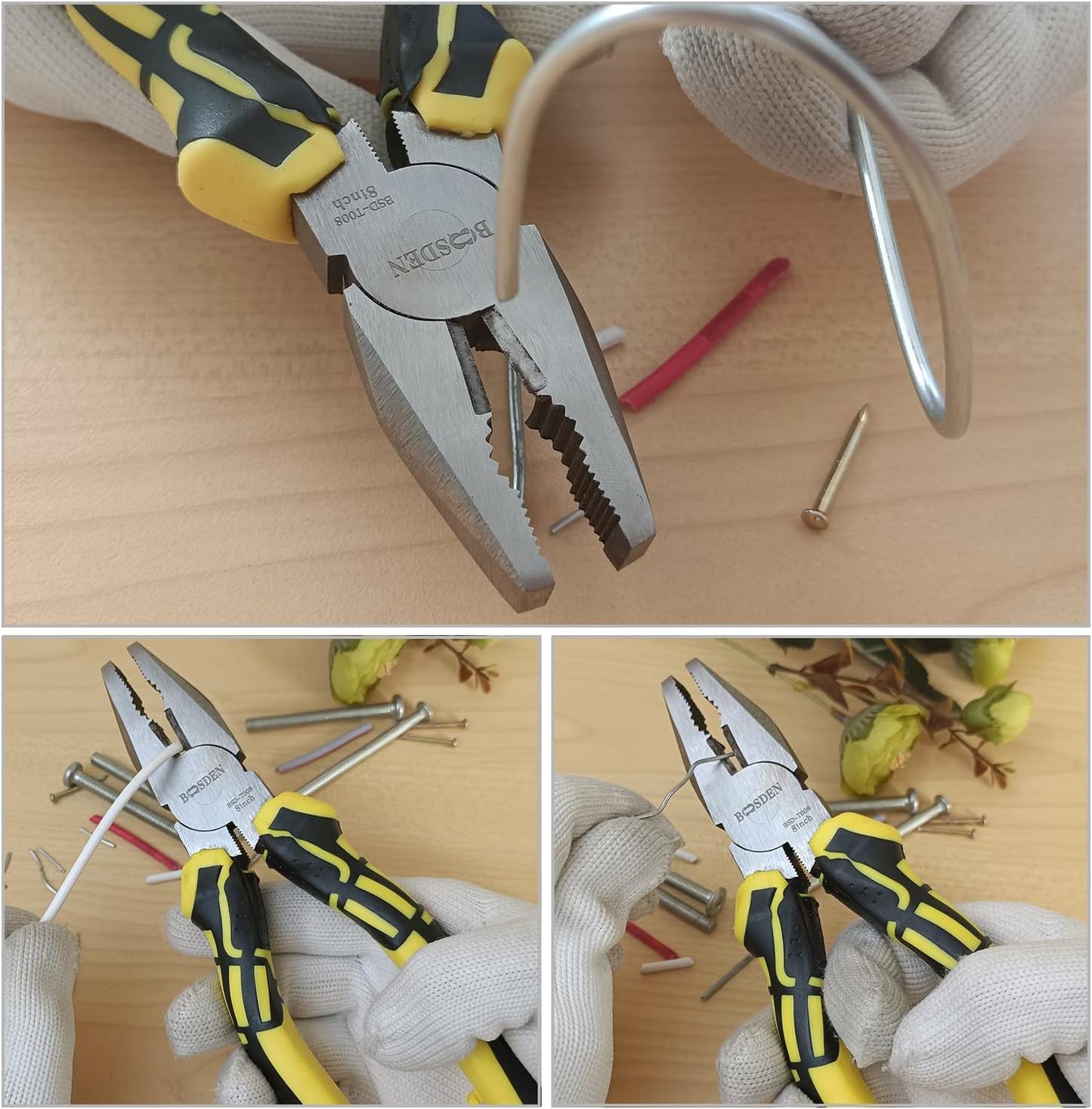BOOSDEN 8 inch Lineman's Pliers - Side Cutters Combination Pliers with High Leverage and Wire Cutter Function