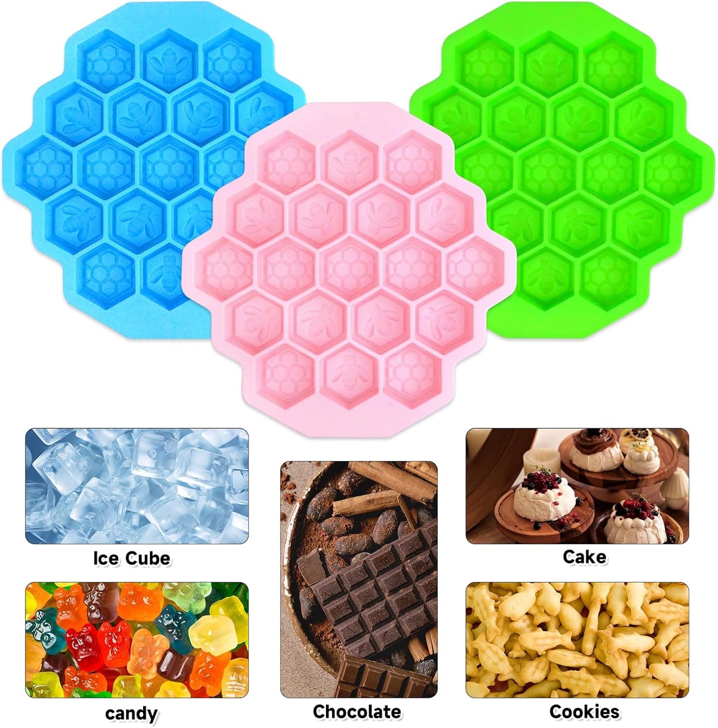 3Pcs Honeycomb Bees Silicone Molds, XJMWXHFC 19 Cavities Chocolate Molds, Food Grade Silicone Baking Molds, Non-Stick Cake Mold for Chocolate, Candy, Jelly, Ice Cube, Mini Cakes (Pink, Green, Blue)