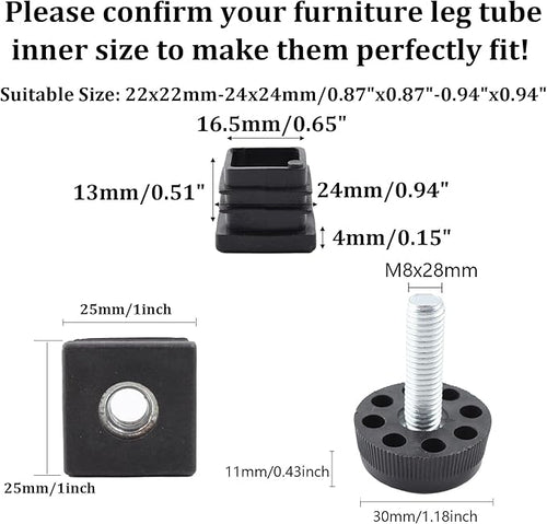 8Pcs Adjustable Leveling Feet 25 x 25mm Square Insert Kit Furniture Glide - Image 2