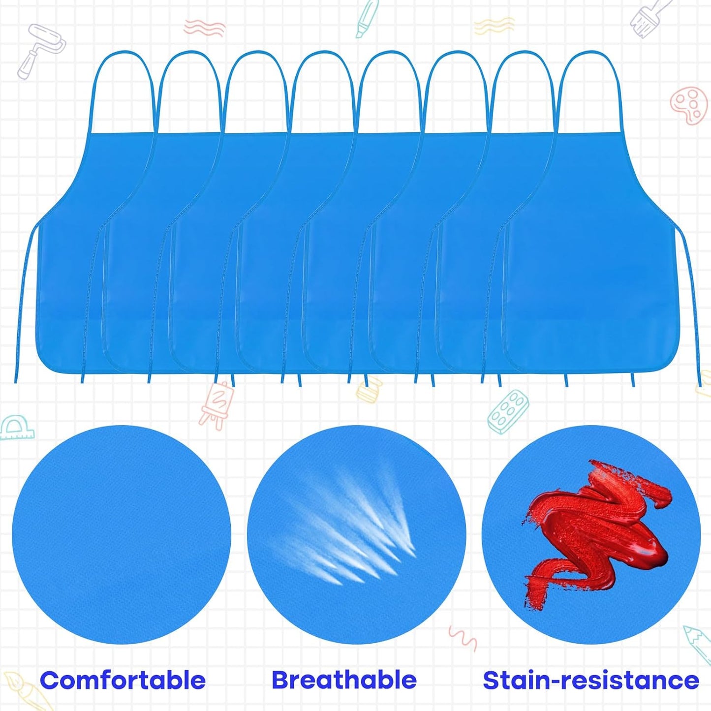 PLULON 15 Pcs Kids Apron Painting Aprons, Kids Aprons for Painting Blue Art Apron Smocks Bulk for Art Activity Craft Home Kitchen Classroom Party Supplies