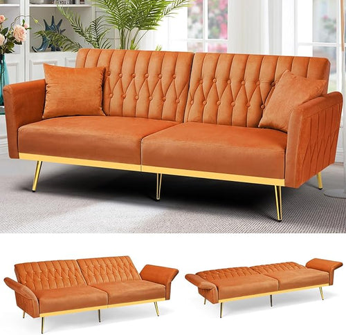 70” Velvet Futon Sofa Bed w/Adjustable Armrests & 2 Pillows, Convertible Futon by ACMEASE