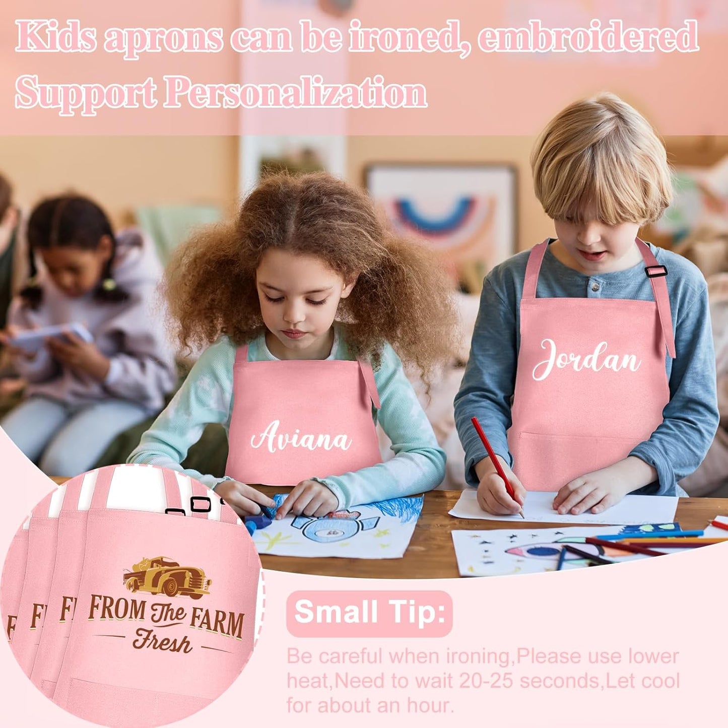 12 Pack Kids Apron Bulk with 2 Pockets Adjustable Chef Art Apron Kids Painting Aprons for Cooking Baking Painting Crafting Grilling Activity（Pink）