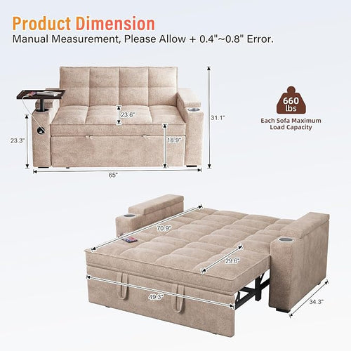 65'' 3-in-1 Convertible Sofa Bed - Image 2