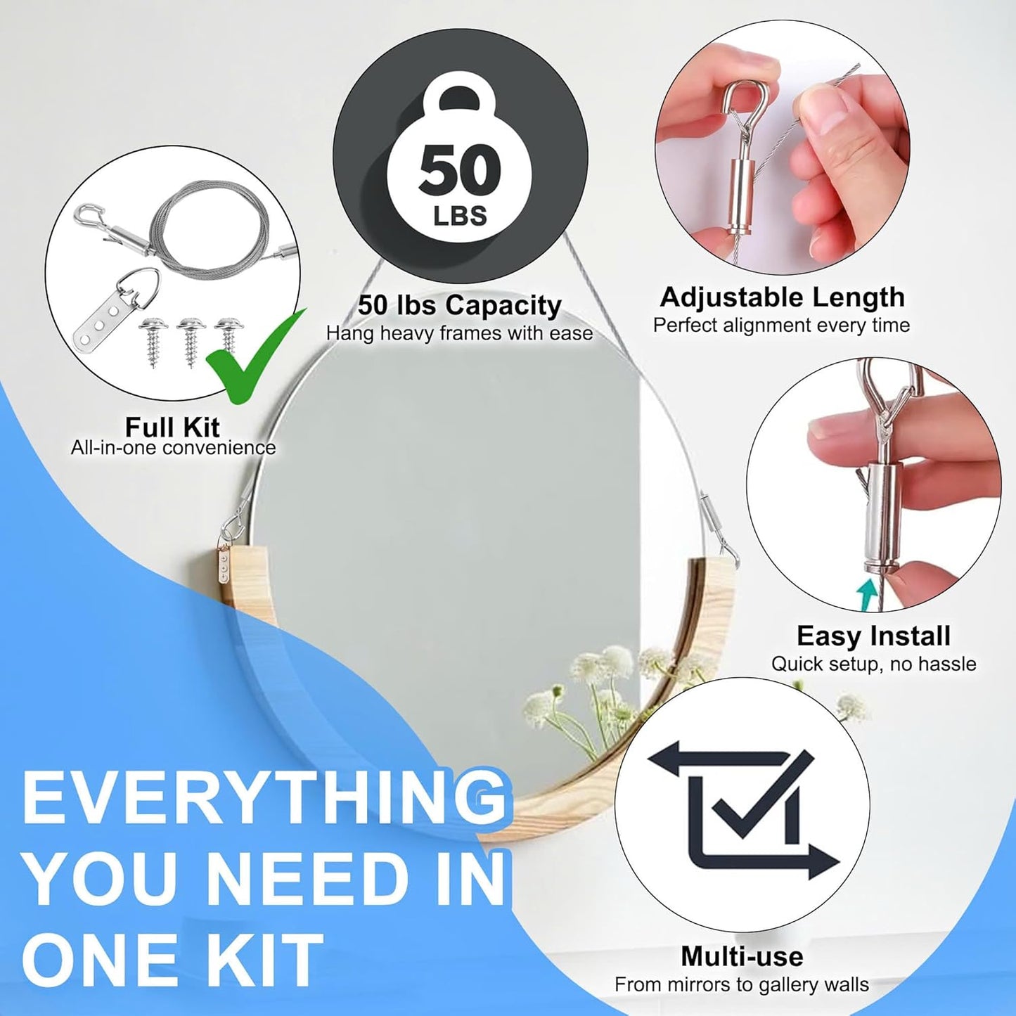 Picture Hanging Kit for Frames & Mirrors - Picture Hanging Wire Kit, 4 pcs Adjustable Wire 2 m (6.56 ft) x 1 mm with Clips, 50 lb; 8 3-Hole D-Ring Hangers; Braided Heavy Duty Cord; Wall Hardware, Art