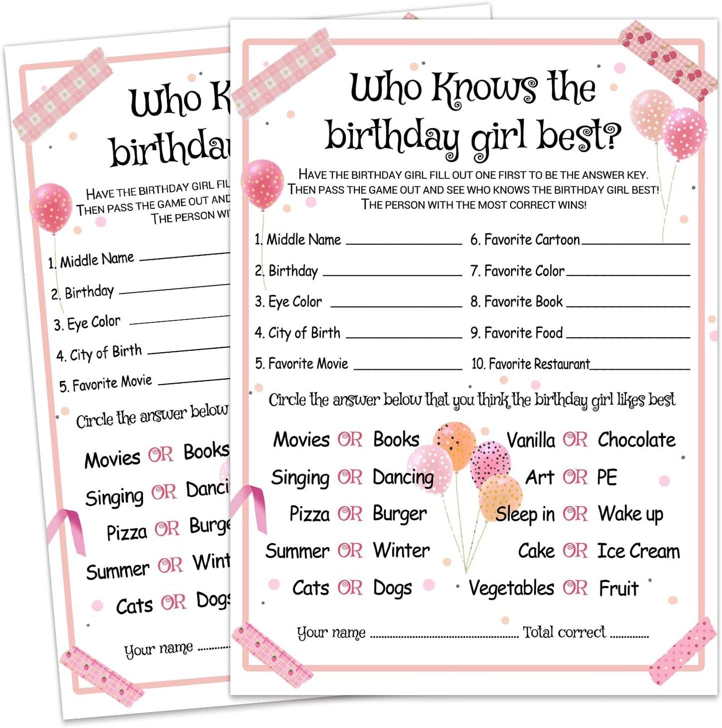 Who Knows the Birthday Girl Best - Girl Birthday Party Game - Themed Party Activity and Idea - Supplies, Decorations - 20 Game Cards