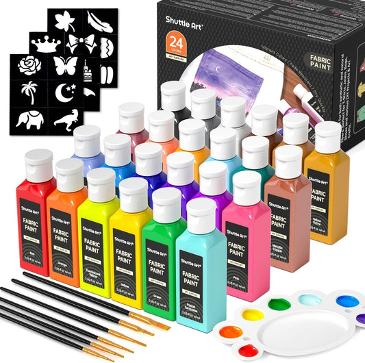 Shuttle Art Fabric Paint 24 Colors Permanent Soft Fabric Paint in Bottles (60ml/2oz) with Brushes &Stencils, Non-Toxic Textile Paint for T-Shirts, Shoes, Jeans, Bags, DIY Projects & Crafts