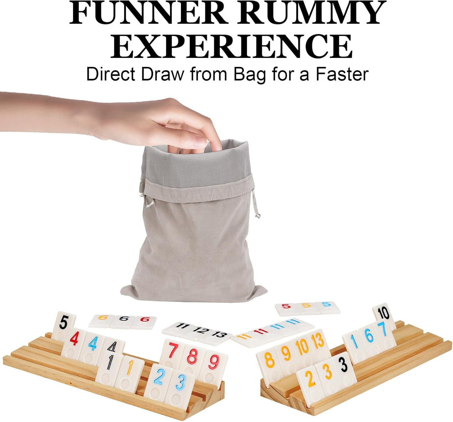 Upgraded 6-8 Players Rummy Cube Board Game Set with 8 Wooden Racks, 214 Tiles, Portable Case, Drawstring Bag and Dice, for Adults Friends Night Gifts Travel Party Sharpens Brain