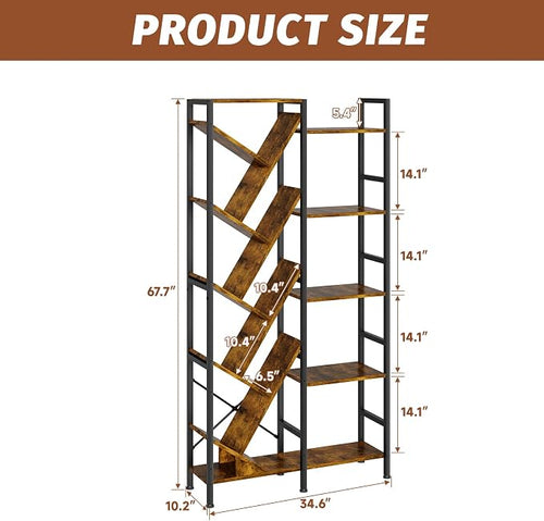 5-Tier Double Wide Bookshelf 67", Industrial Tree BookShelves, Vintage Storage - Image 2