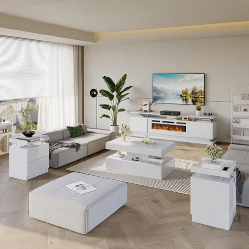 4-Piece Modern Living Room Table Set, Includes High Gloss 70" Fireplace TV Stand - Image 2
