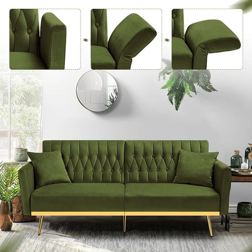 70” Velvet Futon Sofa Bed w/Adjustable Armrests & 2 Pillows, Convertible Futon - Image 2
