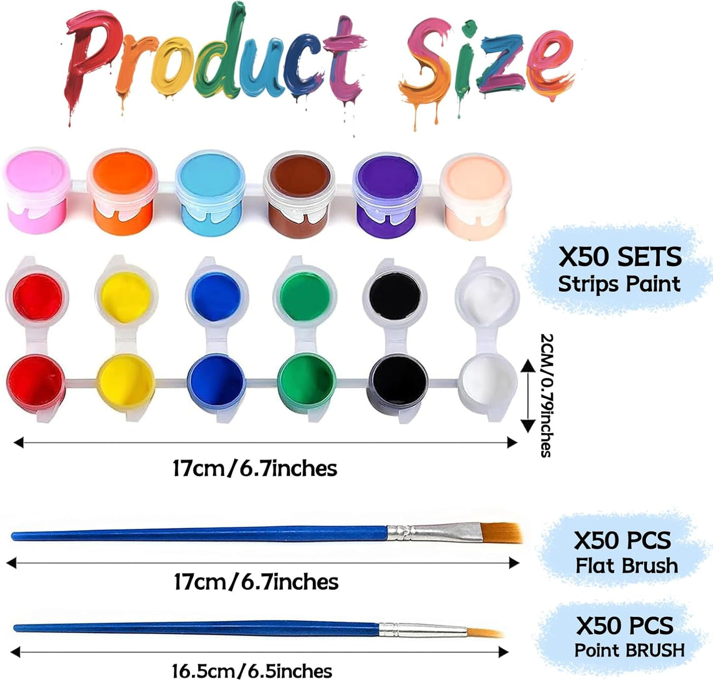 OLINGYOU 50 Pack Mini Acrylic Paint Set, 12 Colors Washable Paint Strips for Kids & Adults - Includes 100 Brushes, 600 PCS Kids Paint Kits for Easter Eggs, Birthday, Classroom Party，School Supplies