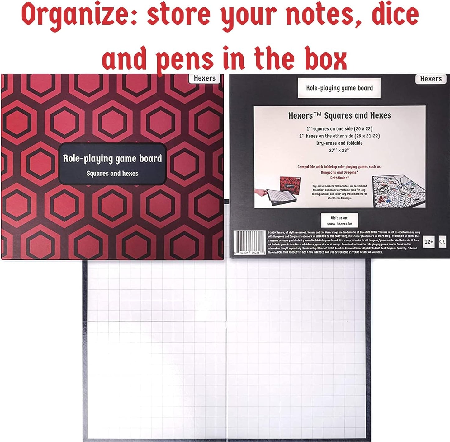 The Authentic Role-Playing Game Board by Hexers, Mat Alternative, Compatible with Dungeons and Dragons D&D DND Pathfinder RPG, 27x23 inches, 1 inch Square and Hexes Battle Grid, Foldable & Dry Erase