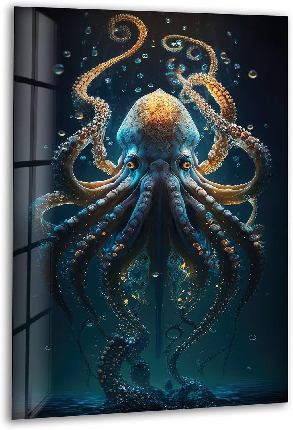 My Photostation.com 14Wx20H'' Underwater Blue Octopus Glass Wall Art Tempered Glass Printing Wall Decor Large Wall Art Wall Hangings