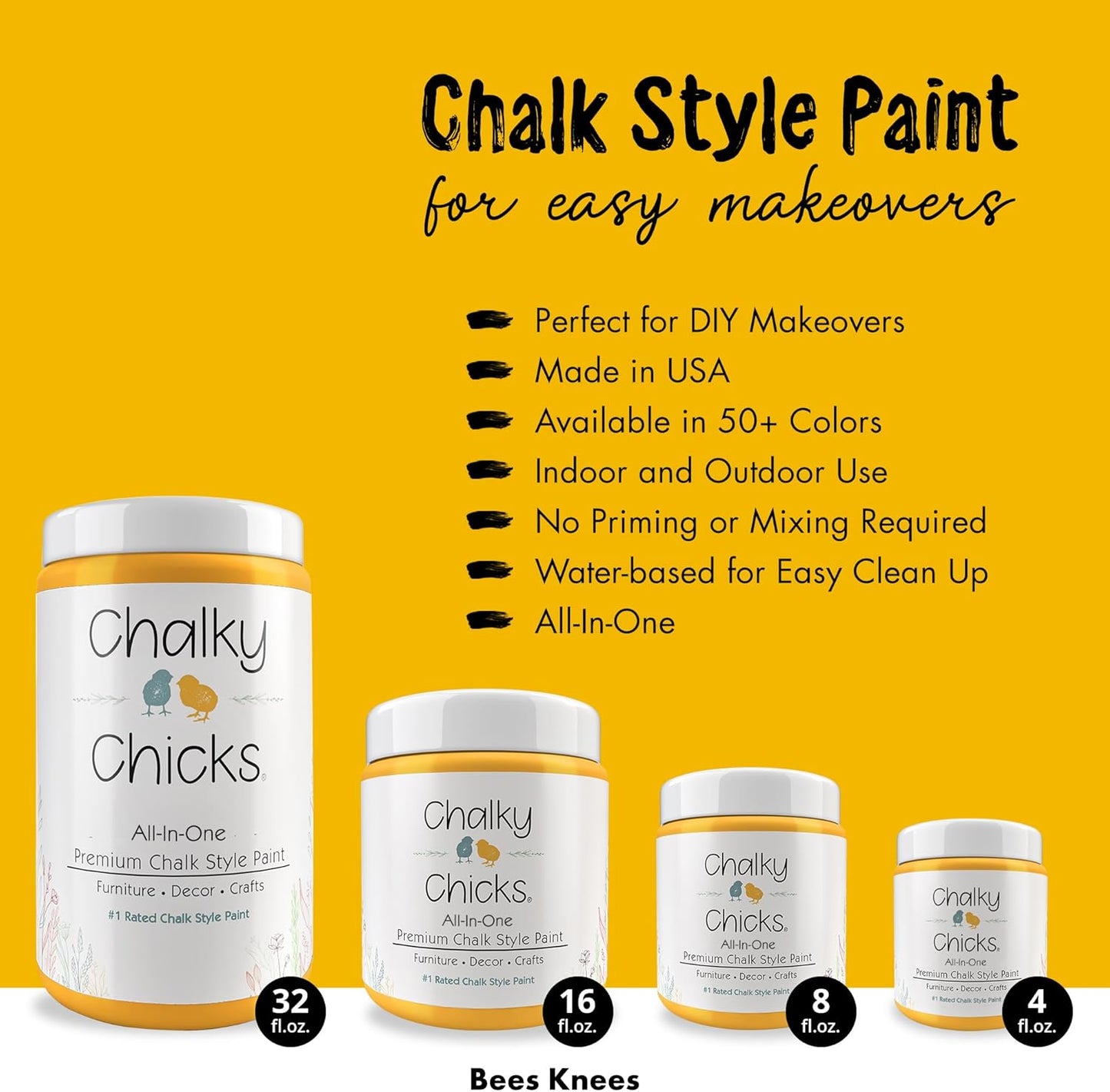 Chalky Chicks All-in-One Chalk Paint for Furniture or Cabinet - 8 Fl Oz - Matte Finish Bees Knees (Yellow) for Metal, Wood Furniture Paint - No Sanding All-in-One for Home Decor & Crafts, USA Made