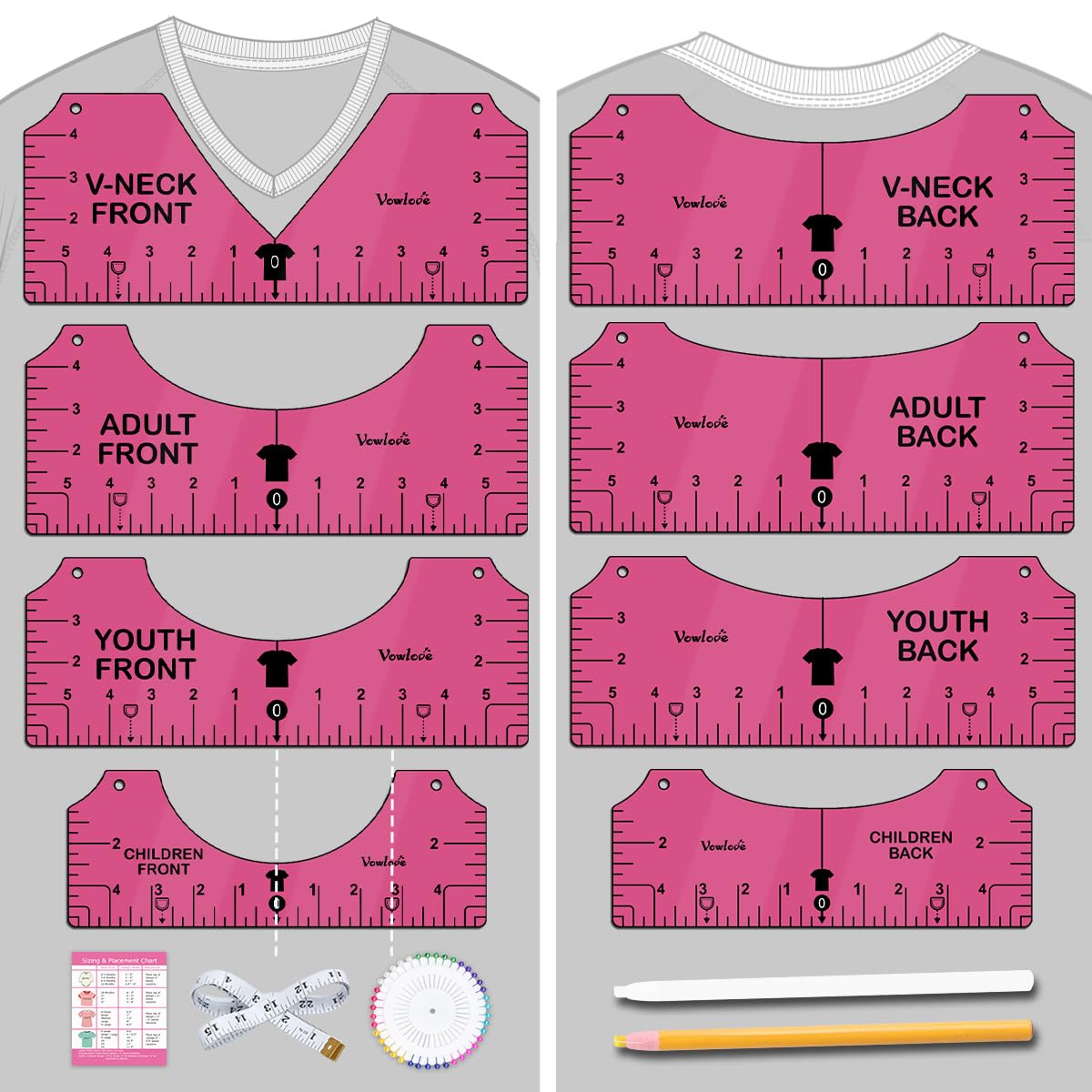 Vowlove Tshirt Ruler Guide for Vinyl Alignment: T Shirt Rulers to Center Designs, Tee Shirt Alignment Tools for Heat Press, Sewing Accessories HTV Heat Transfer Vinyl, V-Neck Front Back Measurement