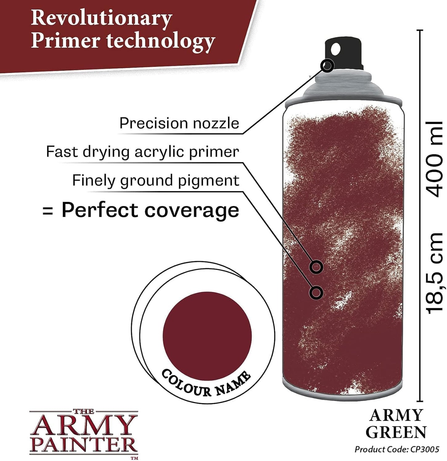 The Army Painter Color Primer Spray Paint, Army Green, 400ml, 13.5oz - Acrylic Spray Undercoat for Miniature Painting - Spray Primer for Plastic Miniatures