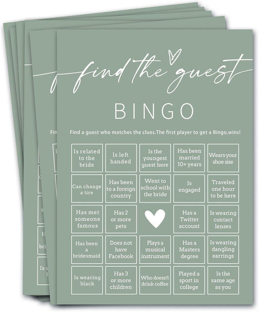 Bridal Shower Games Cards, 25Pcs Prefilled Find The Guest Bingo Game Cards, Engagement Party Games for Guests, Minimalist Green Wedding Party Supplies - C19