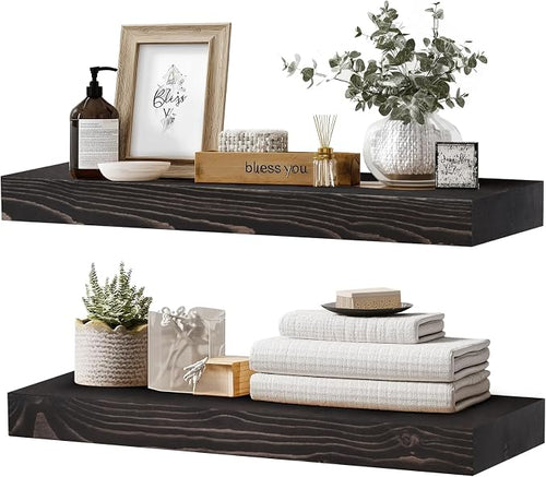24x8x1.6 inch Floating Shelves Set of 2 – Solid Wood Rustic Black Wall Mounted by YLYHSST