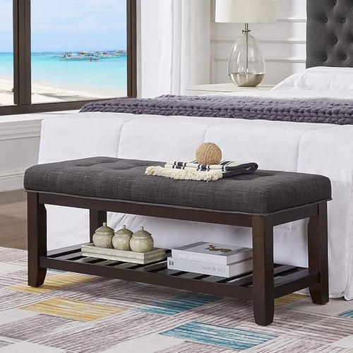 24KF Large Rectangular Upholstered Tufted Linen Ottoman Bench, Padded Bench by WEMARTHOMEDECOR
