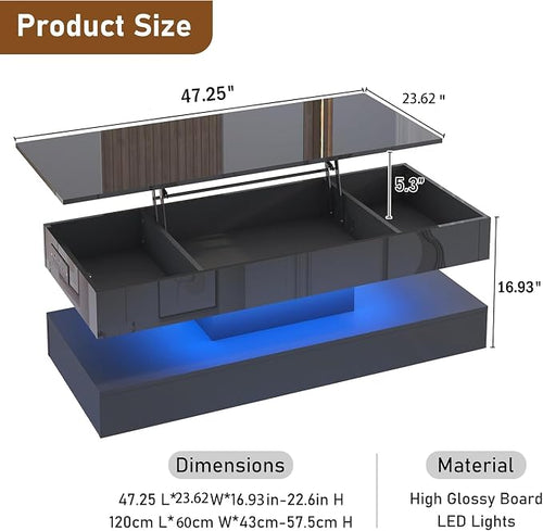 47.2" Large Lift Top Coffee Table, Modern High Glossy LED Coffee Tables - Image 2