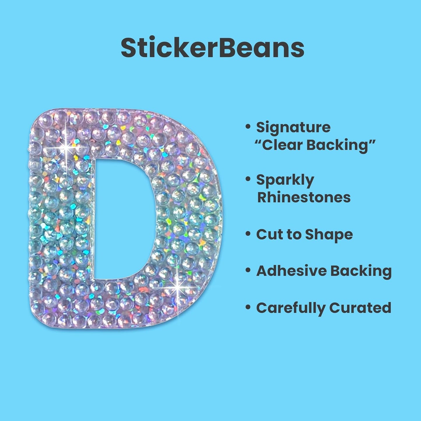 StickerBeans® Rhinestone Alphabet Letter Sticker D - Unique Sparkly Design 2” x 2” Cut-to-Shape Adhesive - Personalization, Collecting, Gifting, Scrapbooking, Decorating Laptops, Phone Cases, All Ages