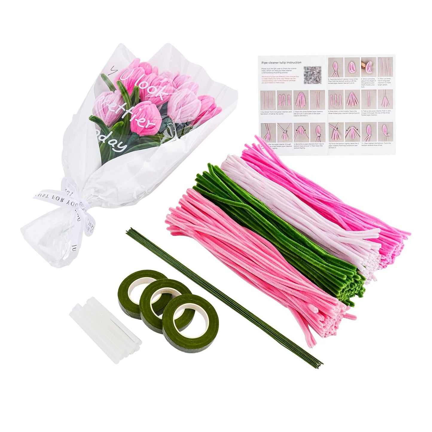 400 Pcs Thick Pipe Cleaners Craft,4 Assorted Colors Pipe Cleaners Bulk,Chenille Stems for DIY Art Project,Pipe Cleaner Flowers Kit(Pink)