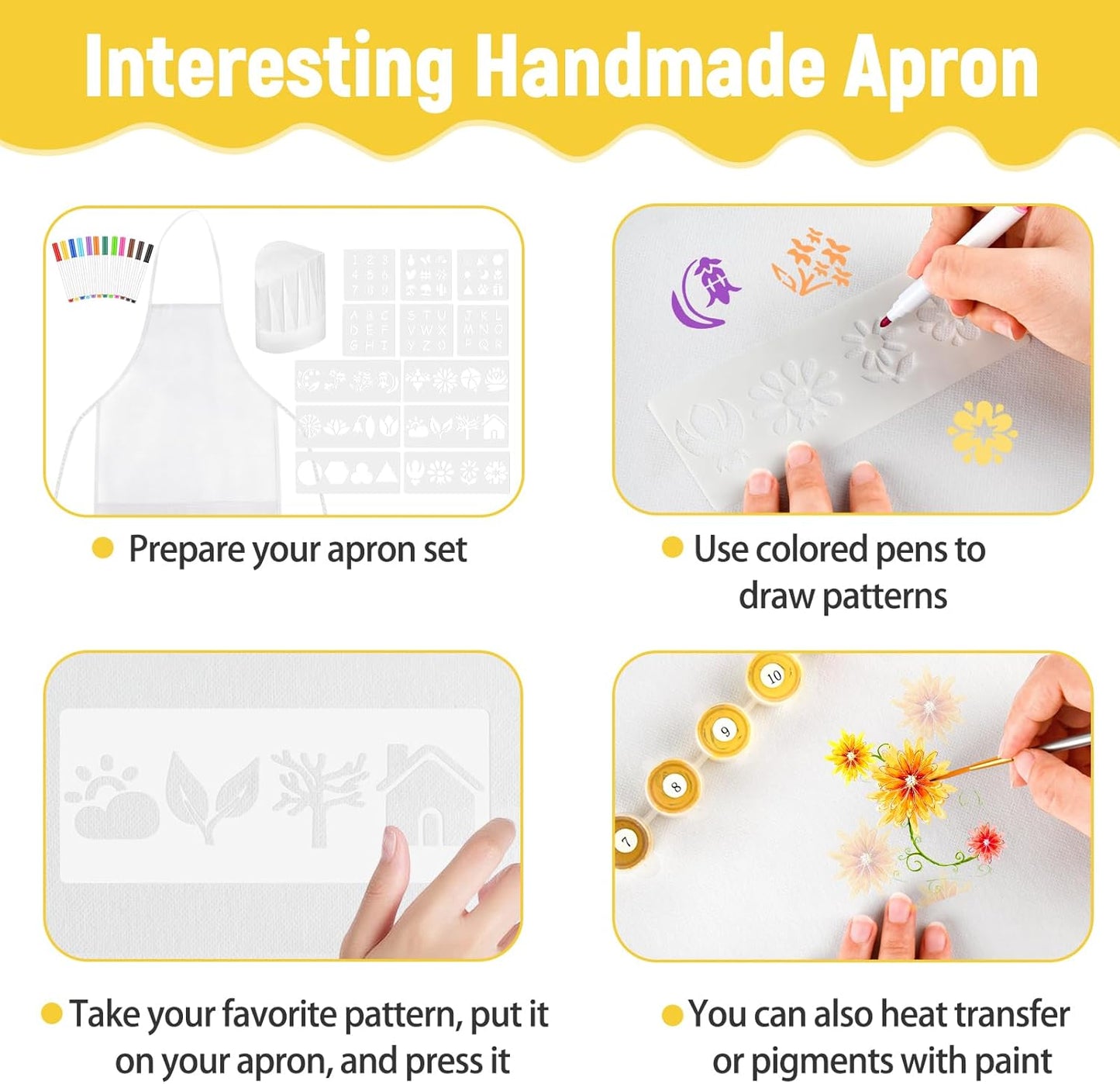 72PCS DIY Kids Chef Hat and Apron Set Kids Painting Aprons with Colored Pen and Crafts Template for Baking Painting Craft