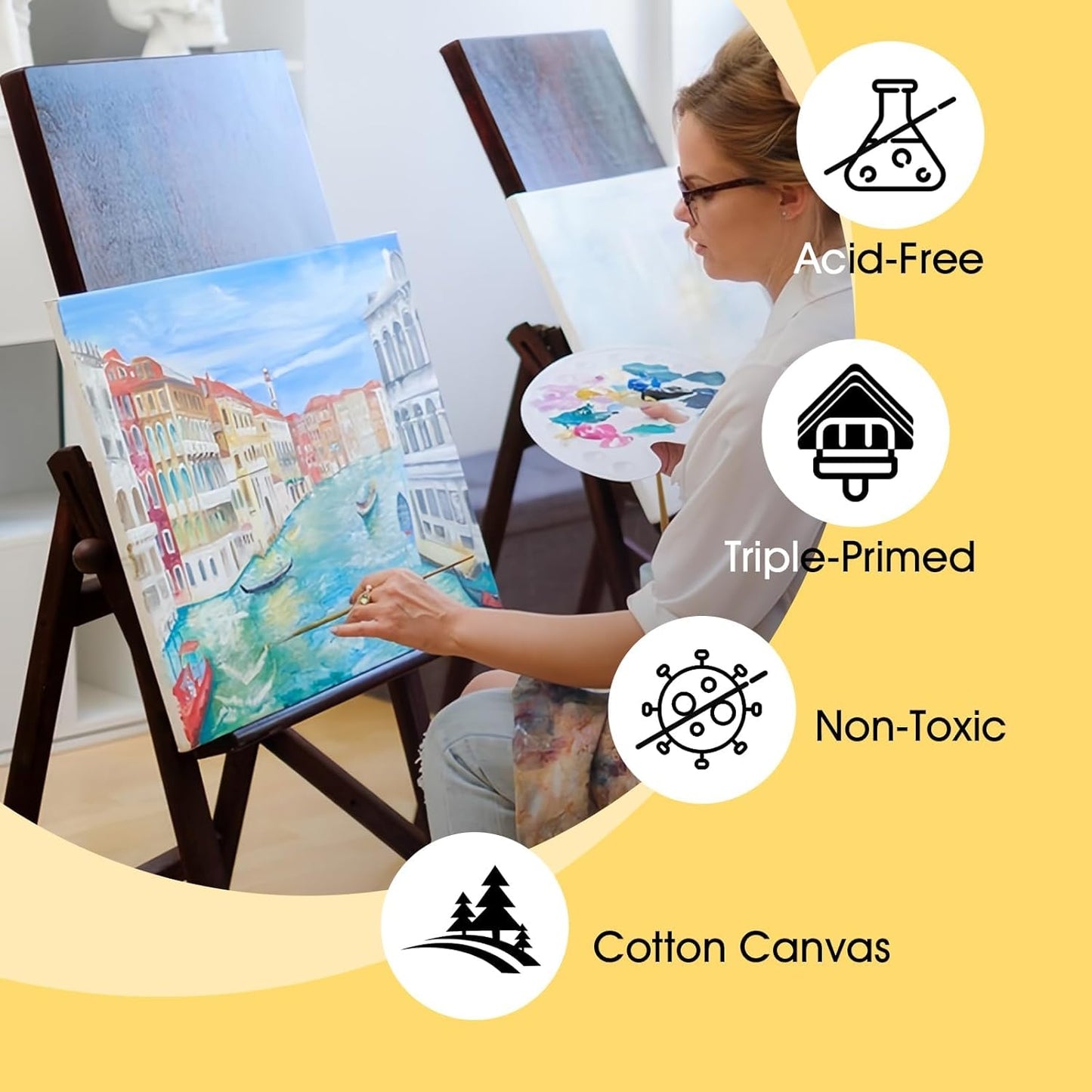 ESRICH Stretched Canvas for Painting 12x12 Inch, 16 Pack Painting Square Canvas -5/8 in Profile Primed Cotton White Blank Canvases for Painting for Oil & Acrylic Paint