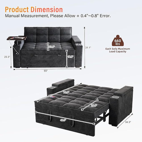65" Chenille Convertible Sofa Bed - Image 2